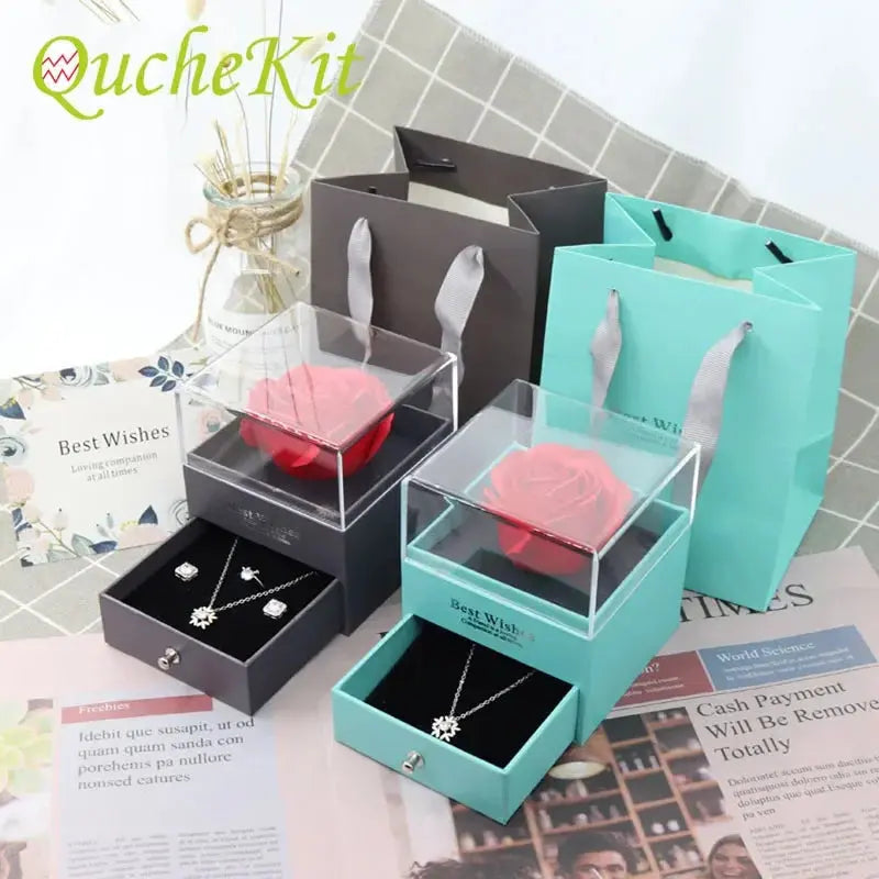 1 Rose Gift Box Artificial Flower Box+Carry Bag Ring Jewelry Storage Box Christmas Valentine's Day Mom Wedding Girlfriend Gifts - Femlinza