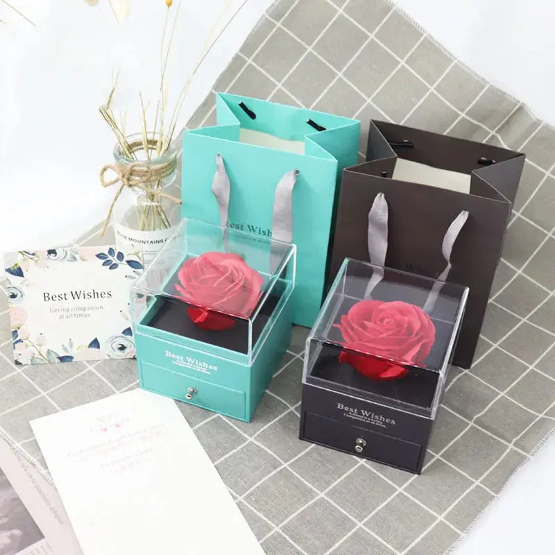 1 Rose Gift Box Artificial Flower Box+Carry Bag Ring Jewelry Storage Box Christmas Valentine's Day Mom Wedding Girlfriend Gifts - Femlinza