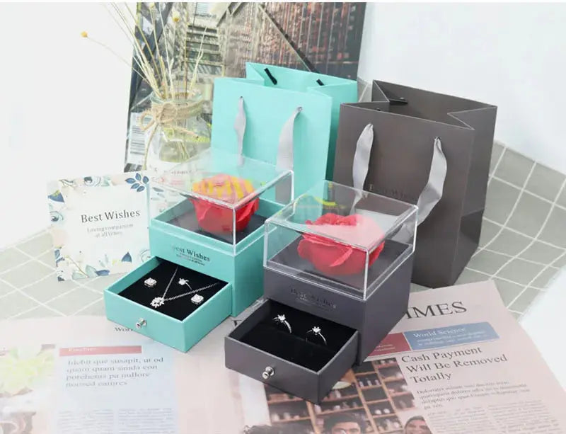 1 Rose Gift Box Artificial Flower Box+Carry Bag Ring Jewelry Storage Box Christmas Valentine's Day Mom Wedding Girlfriend Gifts - Femlinza