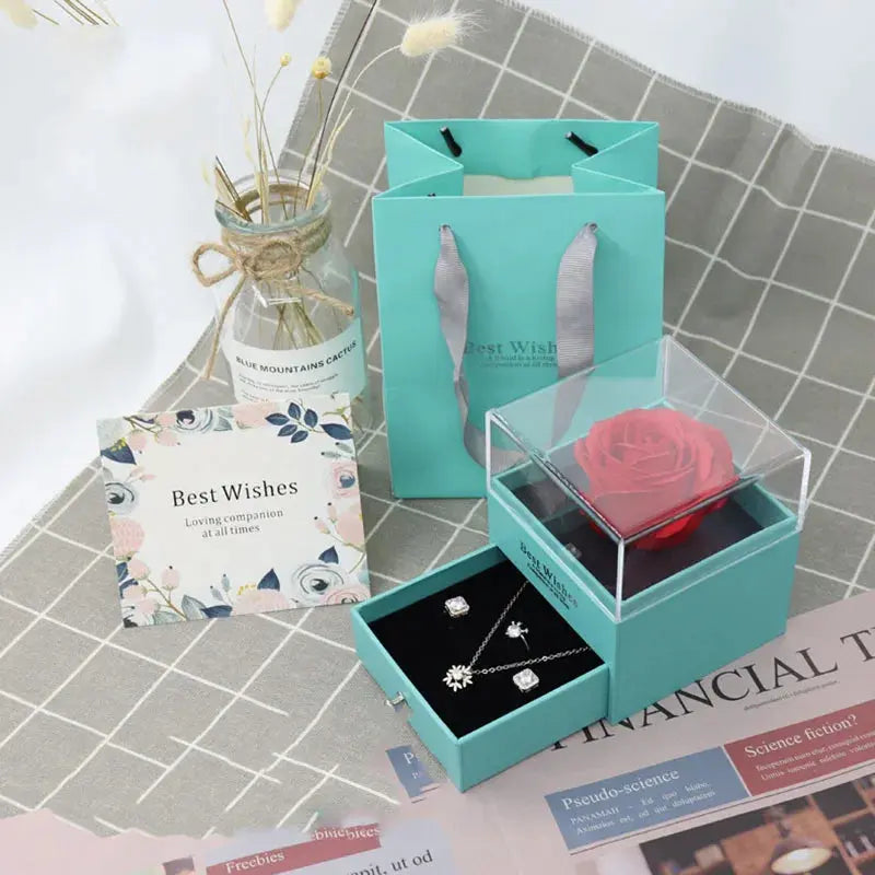 1 Rose Gift Box Artificial Flower Box+Carry Bag Ring Jewelry Storage Box Christmas Valentine's Day Mom Wedding Girlfriend Gifts - Femlinza