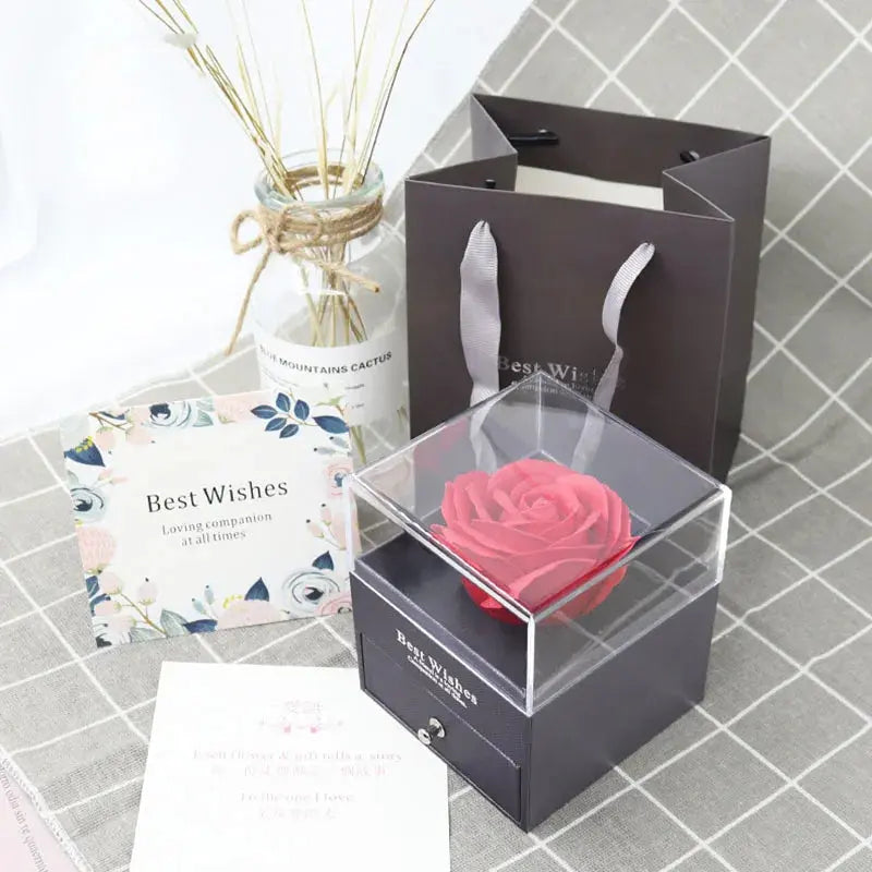 1 Rose Gift Box Artificial Flower Box+Carry Bag Ring Jewelry Storage Box Christmas Valentine's Day Mom Wedding Girlfriend Gifts - Femlinza