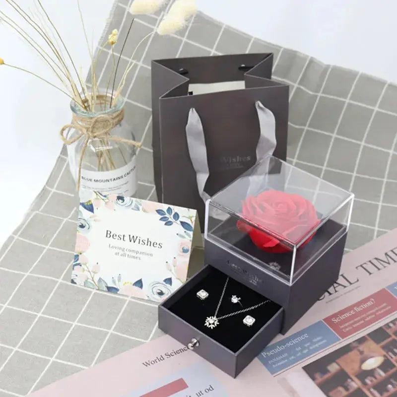 1 Rose Gift Box Artificial Flower Box+Carry Bag Ring Jewelry Storage Box Christmas Valentine's Day Mom Wedding Girlfriend Gifts - Femlinza