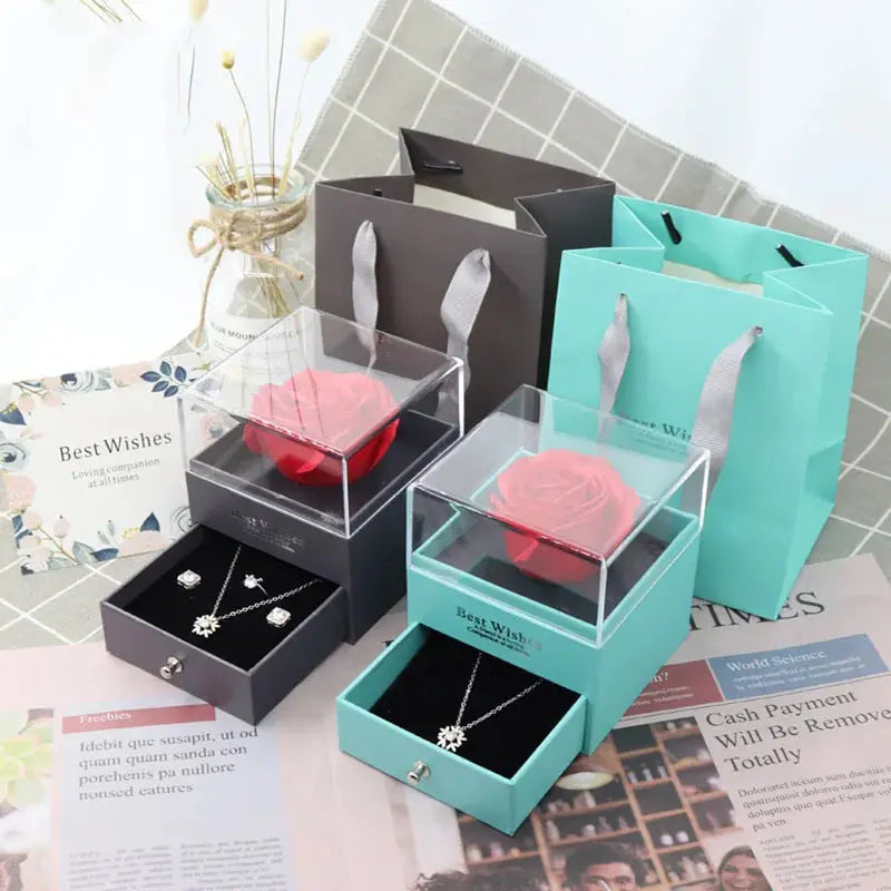 1 Rose Gift Box Artificial Flower Box+Carry Bag Ring Jewelry Storage Box Christmas Valentine's Day Mom Wedding Girlfriend Gifts - Femlinza