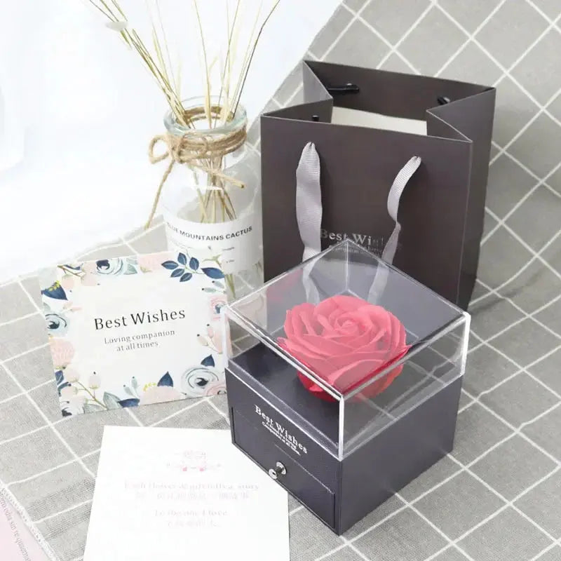 1 Rose Gift Box Artificial Flower Box+Carry Bag Ring Jewelry Storage Box Christmas Valentine's Day Mom Wedding Girlfriend Gifts - Femlinza