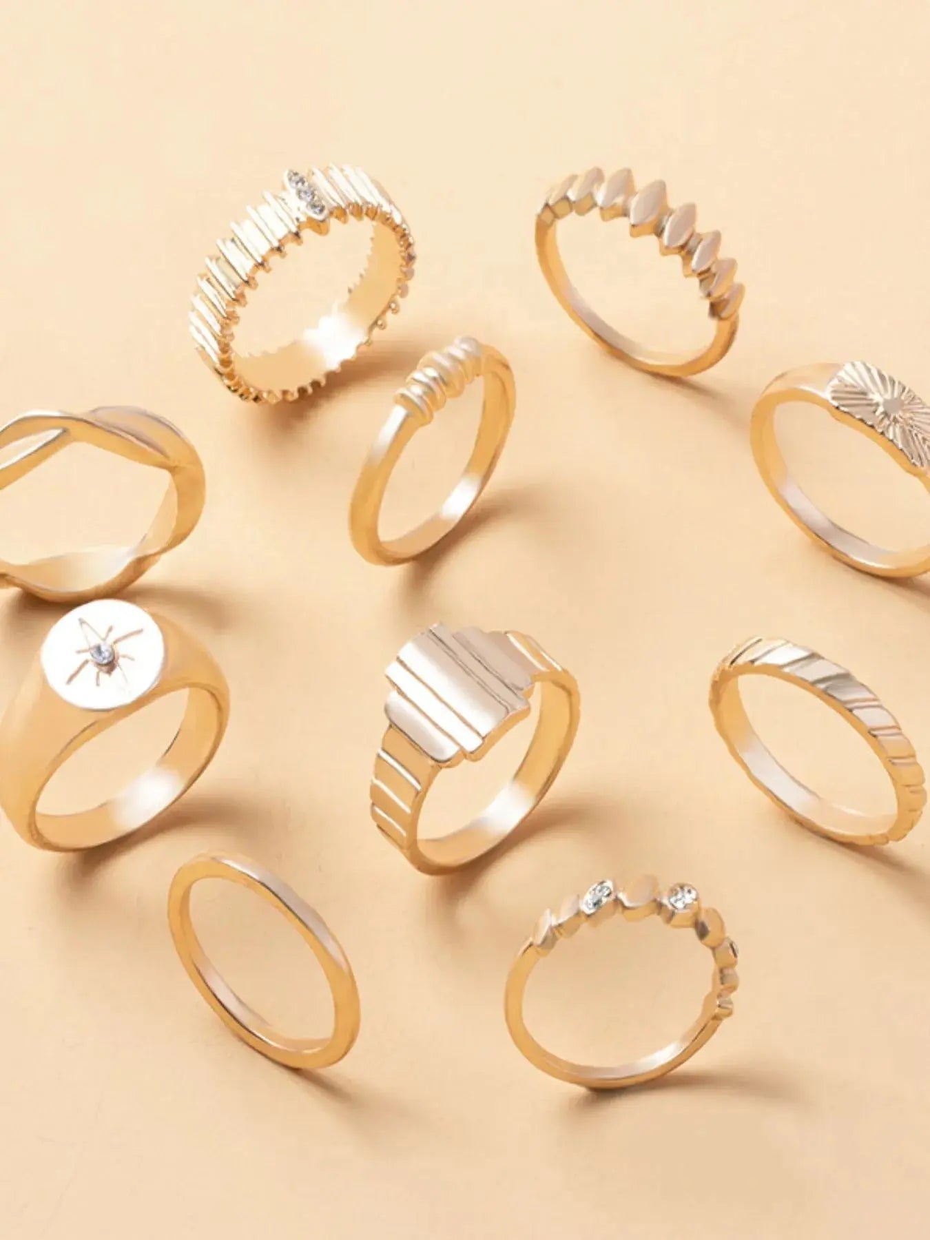 10-Piece 18K Gold-Plated Geometric Ring - Femlinza
