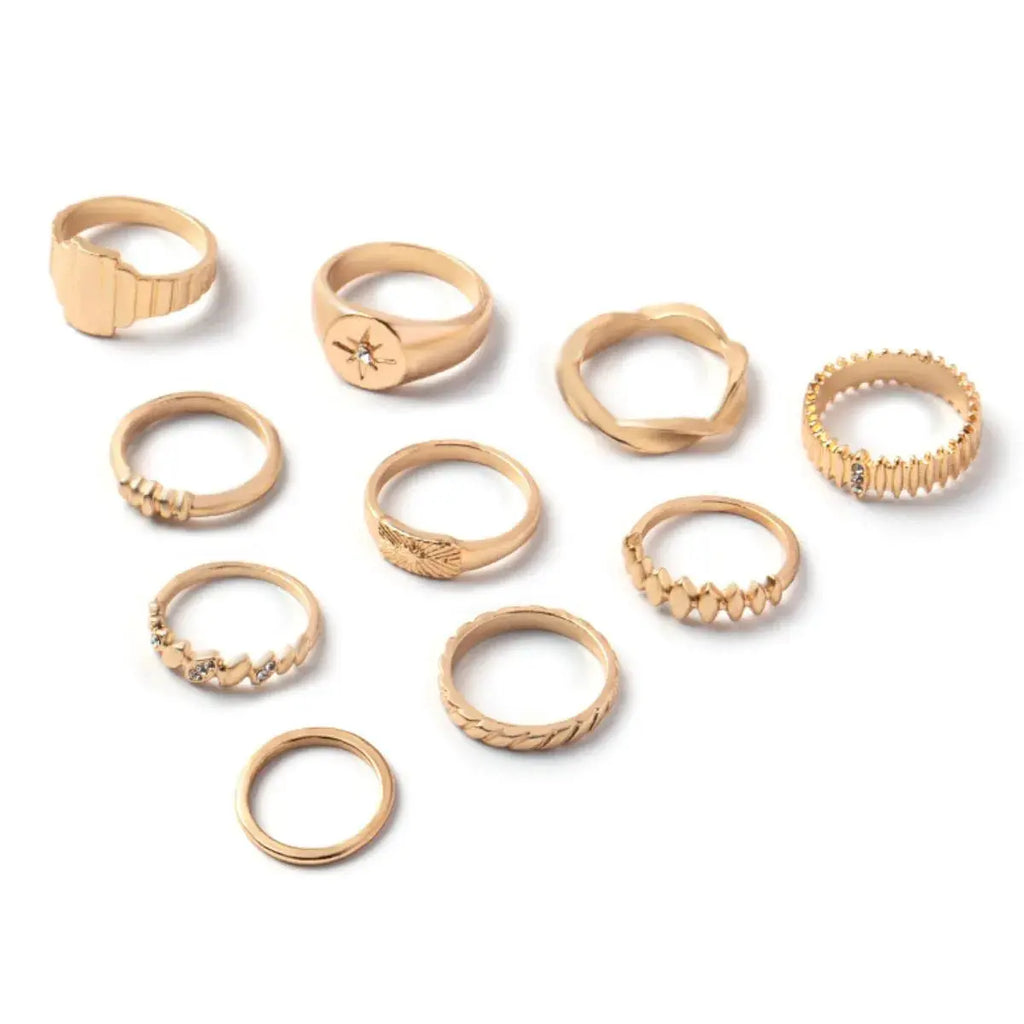10-Piece 18K Gold-Plated Geometric Ring - Femlinza