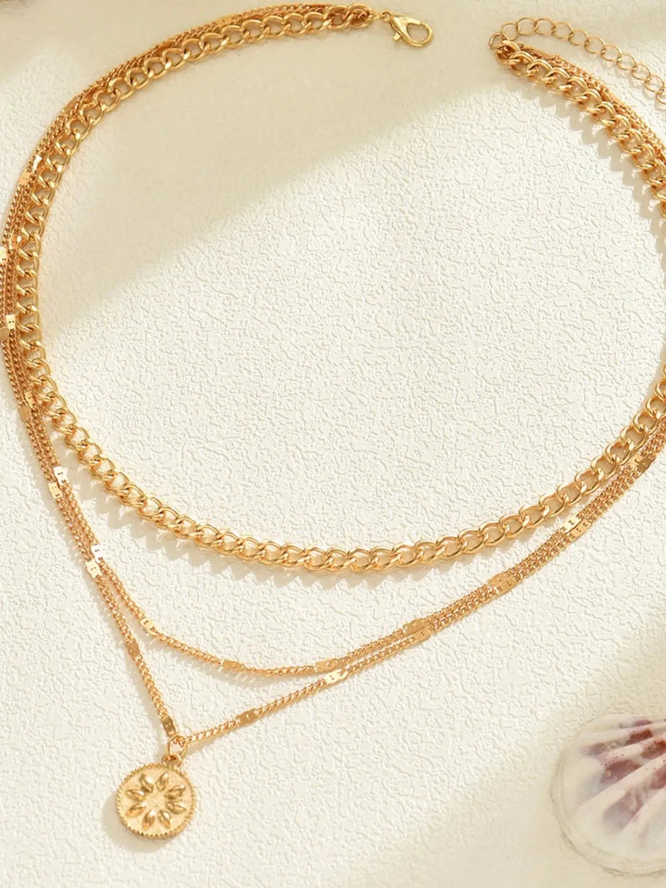 18K Gold-Plated Layered Necklace with Sun Medallion Pendant - Femlinza