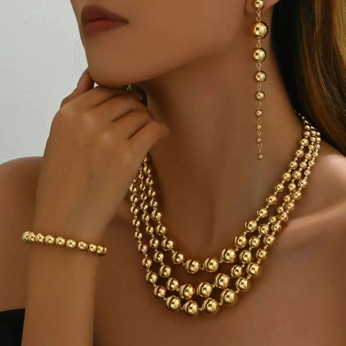 18K Stainless Steel Beaded Multi-Layered Necklace Bracelet Earrings Jewelry Set - Femlinza