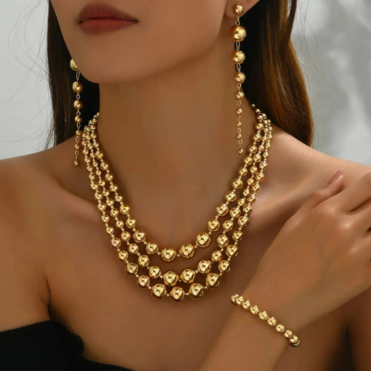 18K Stainless Steel Beaded Multi-Layered Necklace Bracelet Earrings Jewelry Set - Femlinza