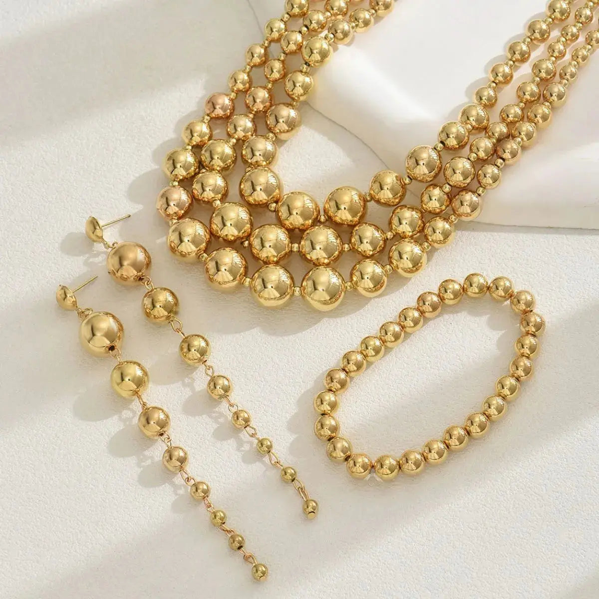 18K Stainless Steel Beaded Multi-Layered Necklace Bracelet Earrings Jewelry Set - Femlinza