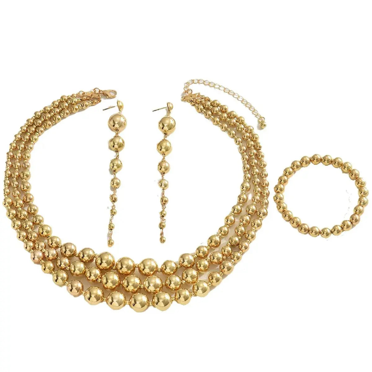 18K Stainless Steel Beaded Multi-Layered Necklace Bracelet Earrings Jewelry Set - Femlinza