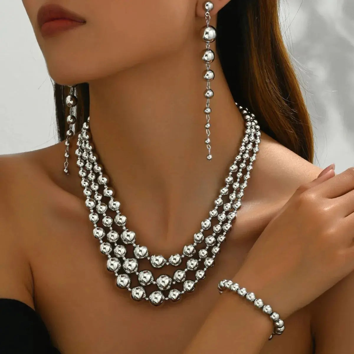 18K Stainless Steel Beaded Multi-Layered Necklace Bracelet Earrings Jewelry Set - Femlinza