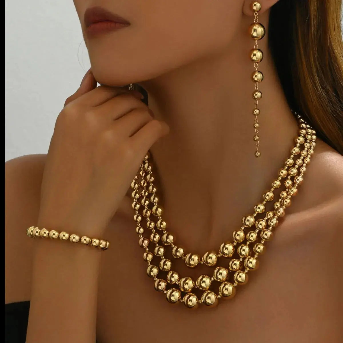 18K Stainless Steel Beaded Multi-Layered Necklace Bracelet Earrings Jewelry Set - Femlinza