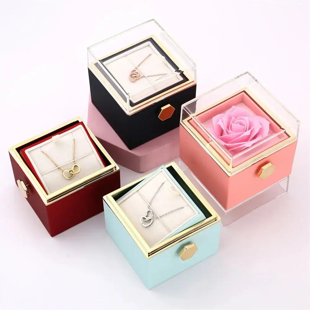 2024 New Valentine's Day Gift  Custom for Women Double Heart Engraved Name Steel Necklace Eternal Rose Box Wedding Ring Box - Femlinza
