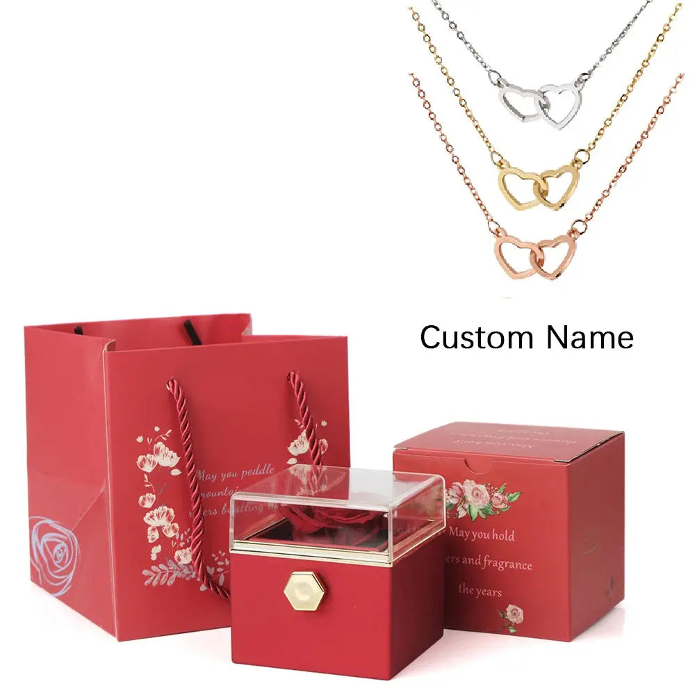 2024 New Valentine's Day Gift  Custom for Women Double Heart Engraved Name Steel Necklace Eternal Rose Box Wedding Ring Box - Femlinza