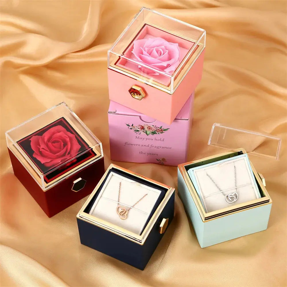 2024 New Valentine's Day Gift  Custom for Women Double Heart Engraved Name Steel Necklace Eternal Rose Box Wedding Ring Box - Femlinza