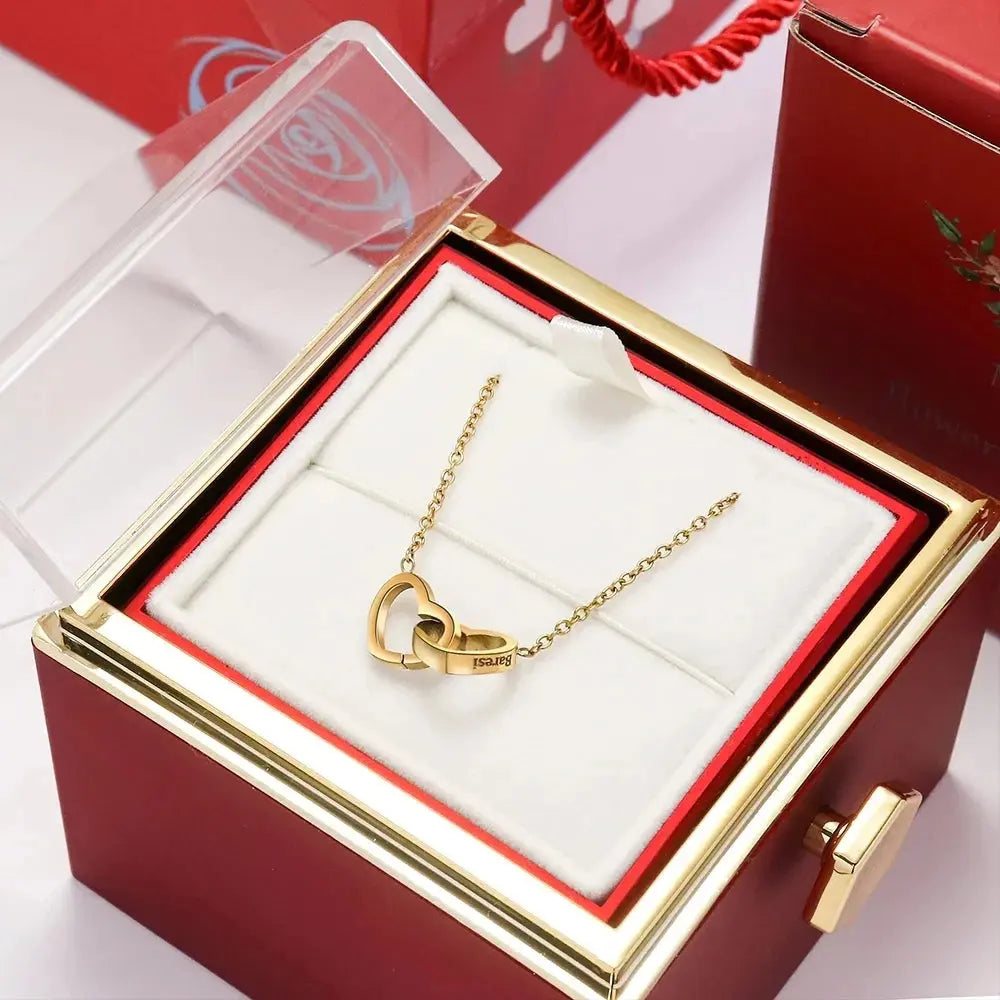 2024 New Valentine's Day Gift  Custom for Women Double Heart Engraved Name Steel Necklace Eternal Rose Box Wedding Ring Box - Femlinza