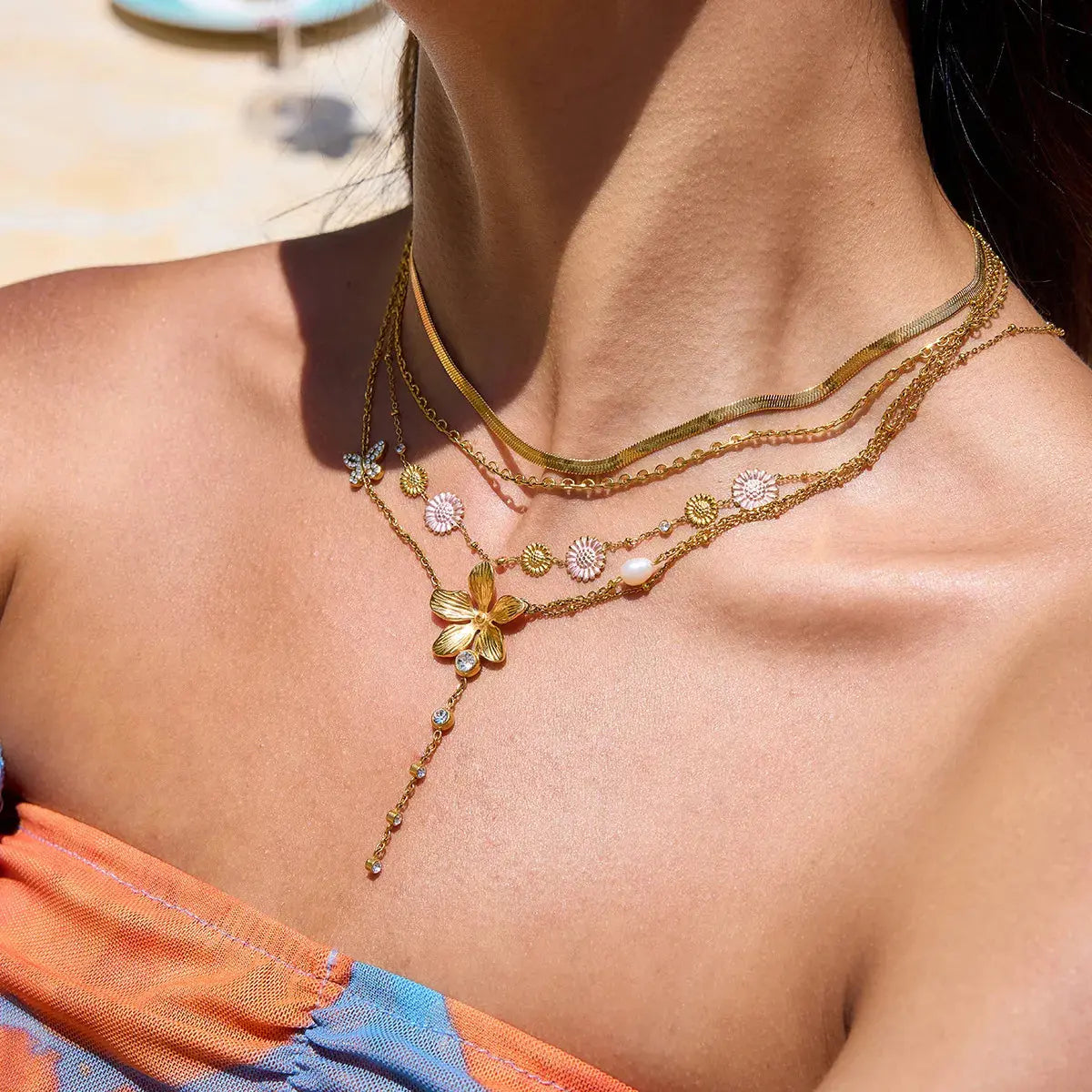 3-Piece 18K Gold-Plated Stainless Steel Flower Necklace - Femlinza