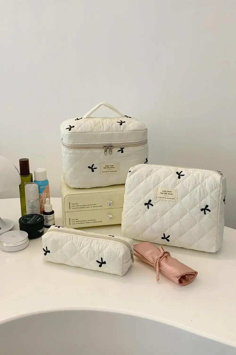 3 Piece Bow Quilted Cloth Storage Bag Set - Femlinza