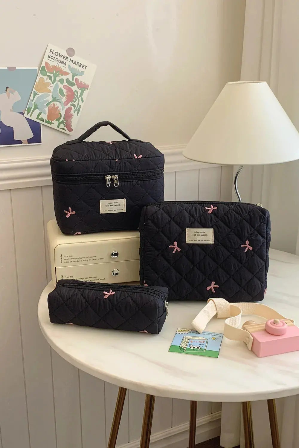 3 Piece Bow Quilted Cloth Storage Bag Set - Femlinza