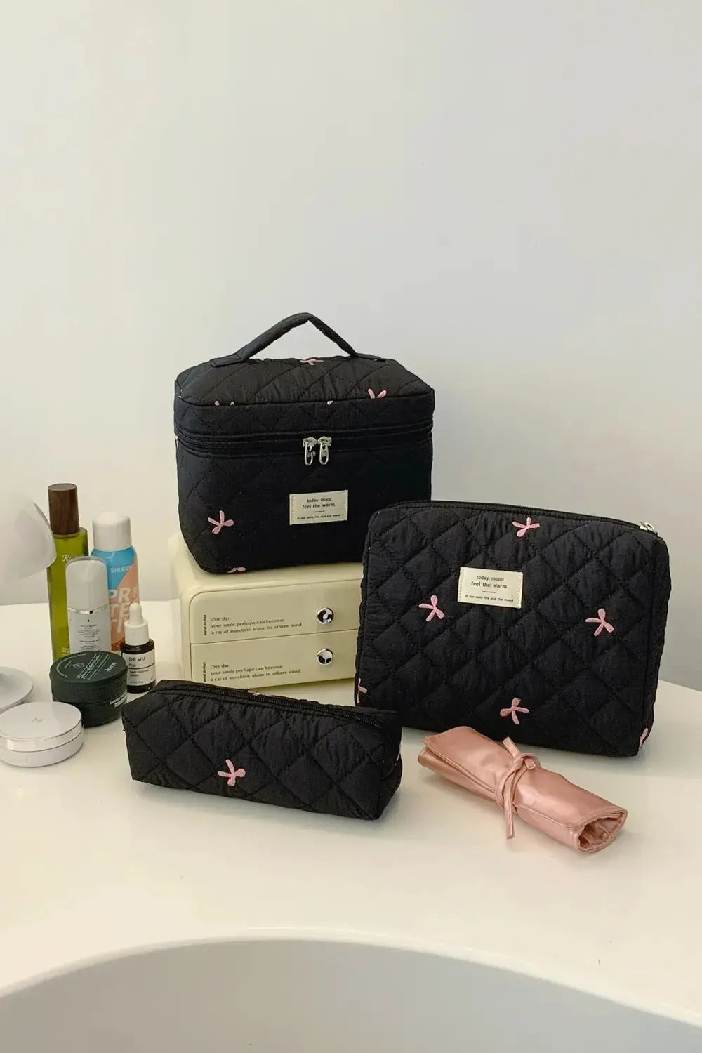 3 Piece Bow Quilted Cloth Storage Bag Set - Femlinza