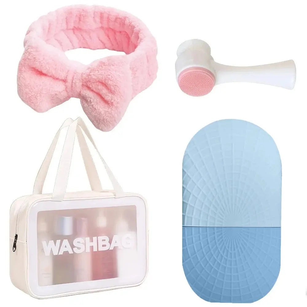 4-Piece Beauty Tool Gift Set – Ice Roller, Headband, Makeup Bag & Cleansing Brush - Femlinza
