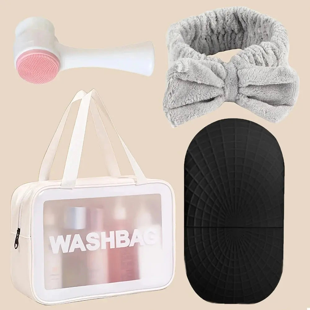 4-Piece Beauty Tool Gift Set – Ice Roller, Headband, Makeup Bag & Cleansing Brush - Femlinza