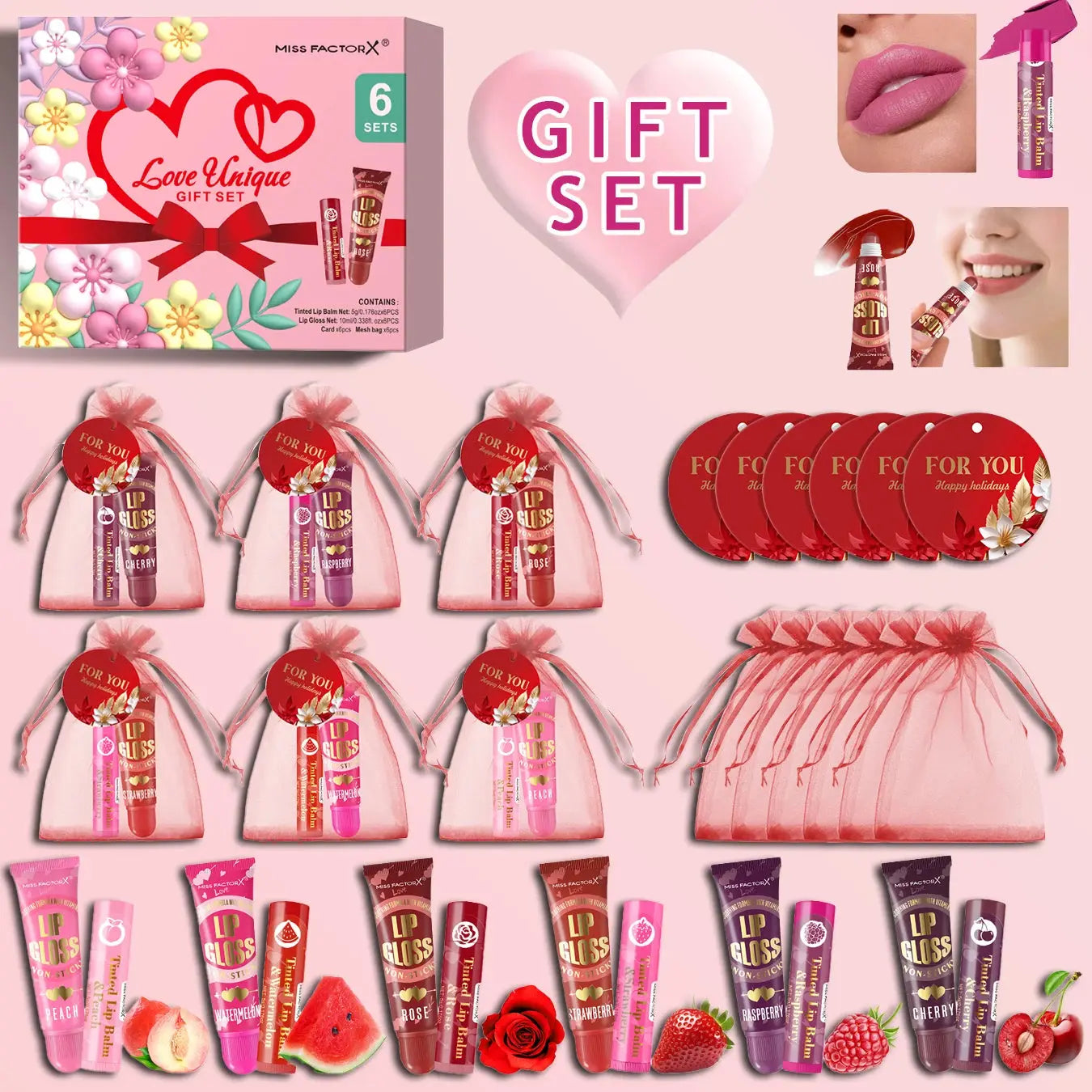 6 sets/box women's exclusive gift set -6 color lipstick+6 color lipstick+6 red gift gauze bag+red thank you card - Femlinza