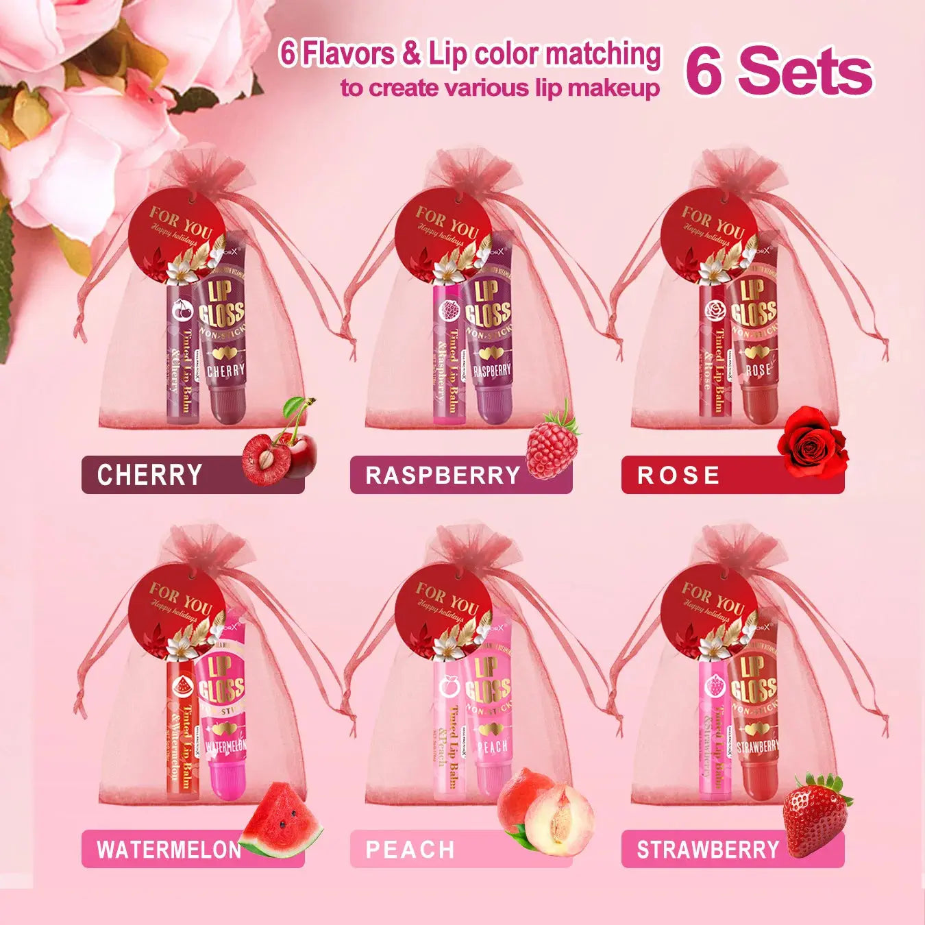 6 sets/box women's exclusive gift set -6 color lipstick+6 color lipstick+6 red gift gauze bag+red thank you card - Femlinza