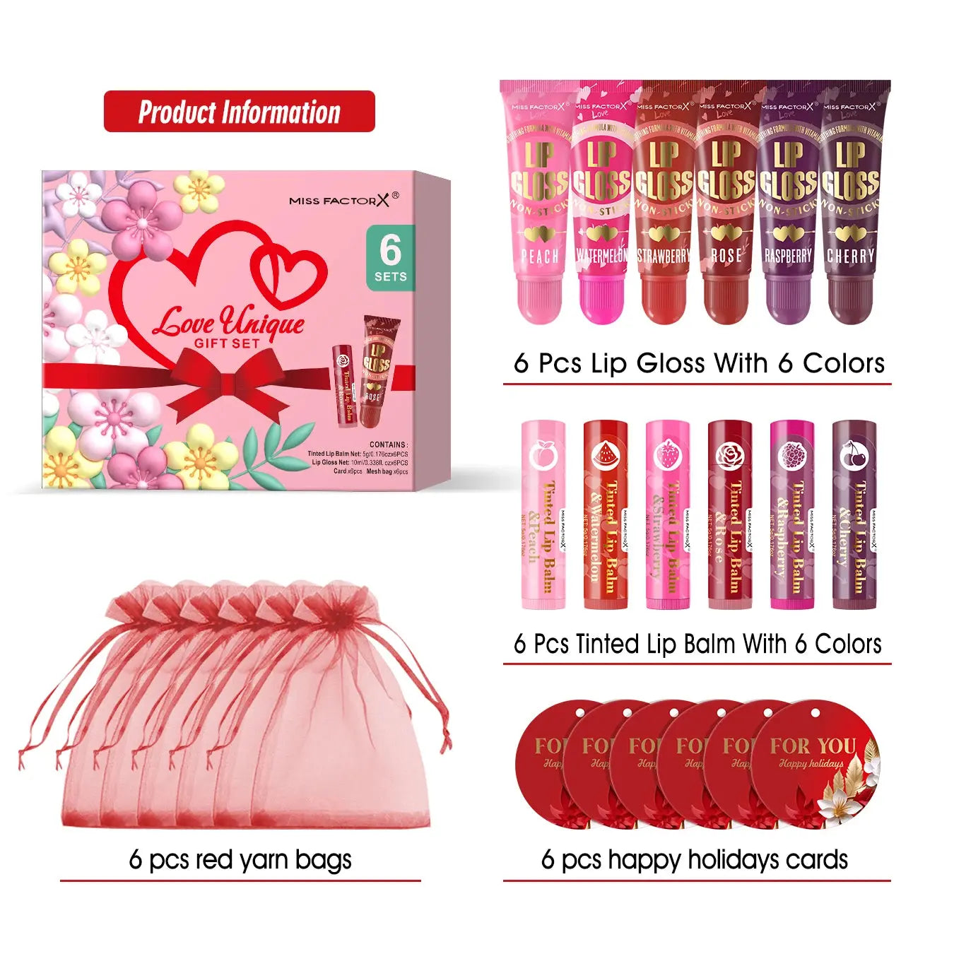 6 sets/box women's exclusive gift set -6 color lipstick+6 color lipstick+6 red gift gauze bag+red thank you card - Femlinza