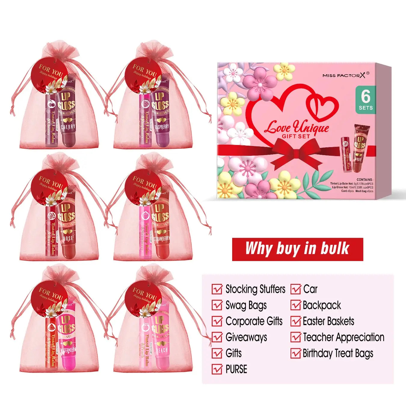 6 sets/box women's exclusive gift set -6 color lipstick+6 color lipstick+6 red gift gauze bag+red thank you card - Femlinza