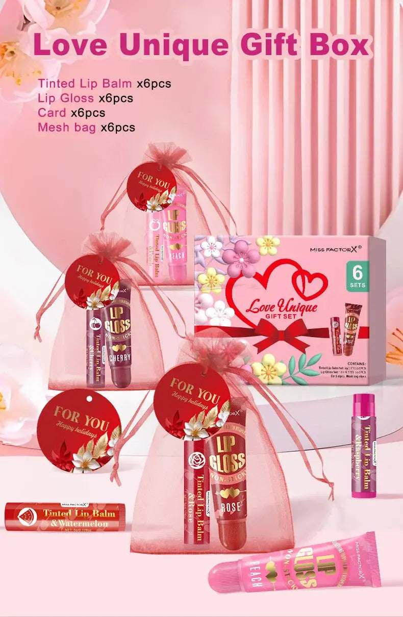 6 sets/box women's exclusive gift set -6 color lipstick+6 color lipstick+6 red gift gauze bag+red thank you card - Femlinza