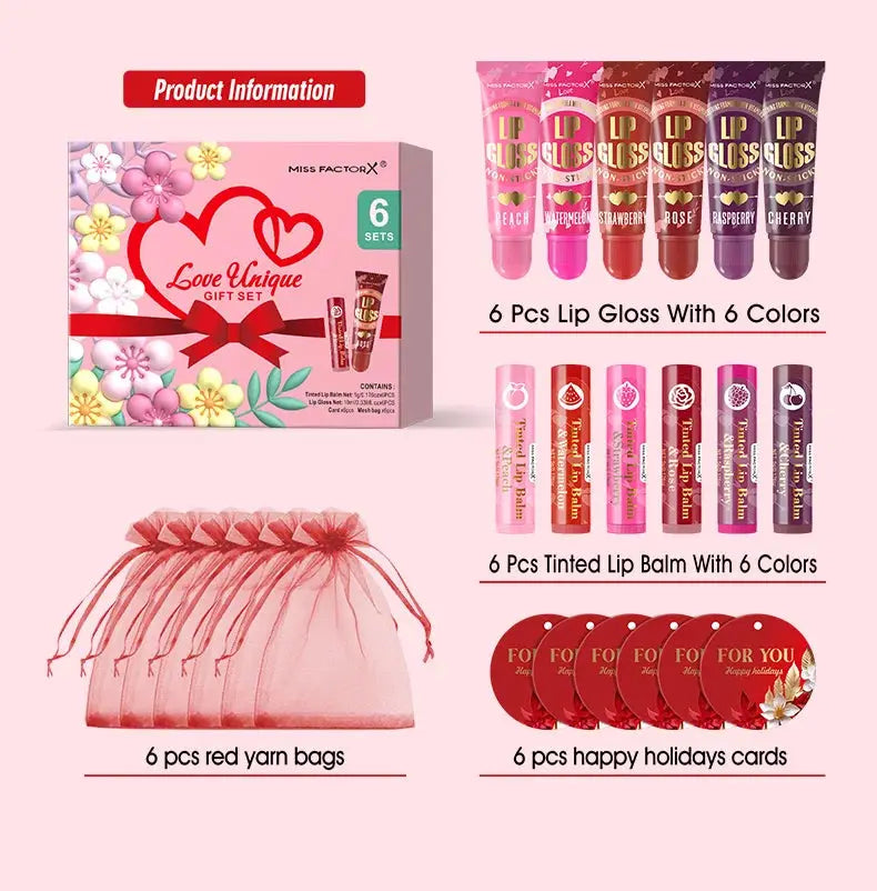 6 sets/box women's exclusive gift set -6 color lipstick+6 color lipstick+6 red gift gauze bag+red thank you card - Femlinza