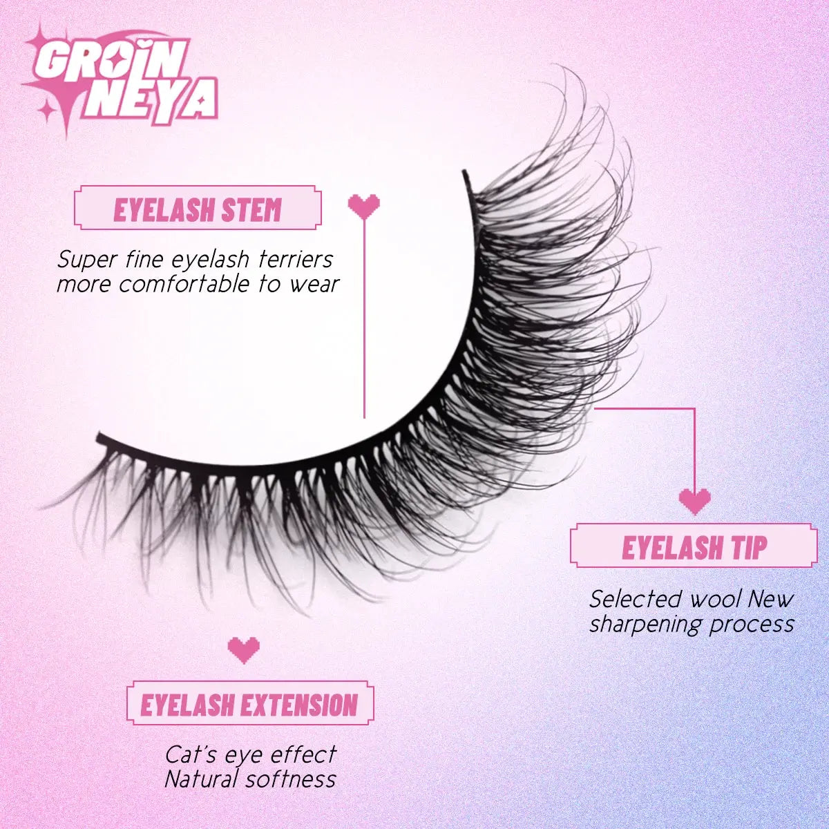 GROINNEYA Natural Cat Eye 3D Mink Lashes – Winged Short Strip Eyelashes - Femlinza