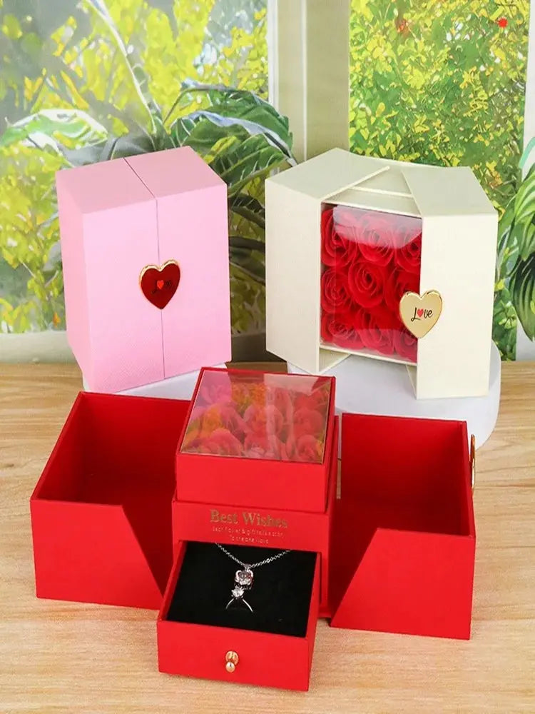 Birthday Gift for Girlfriend - 9 Rose Jewelry Box with Drawer Storage, Quadrilateral Spray-Painted Plastic Design, Perfect for H - Femlinza