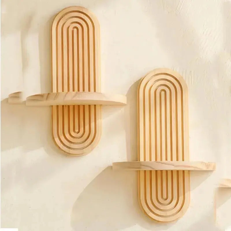 Boho Wooden Wall Mounted Storage Rack – Modern Decorative Display Shelves - Femlinza
