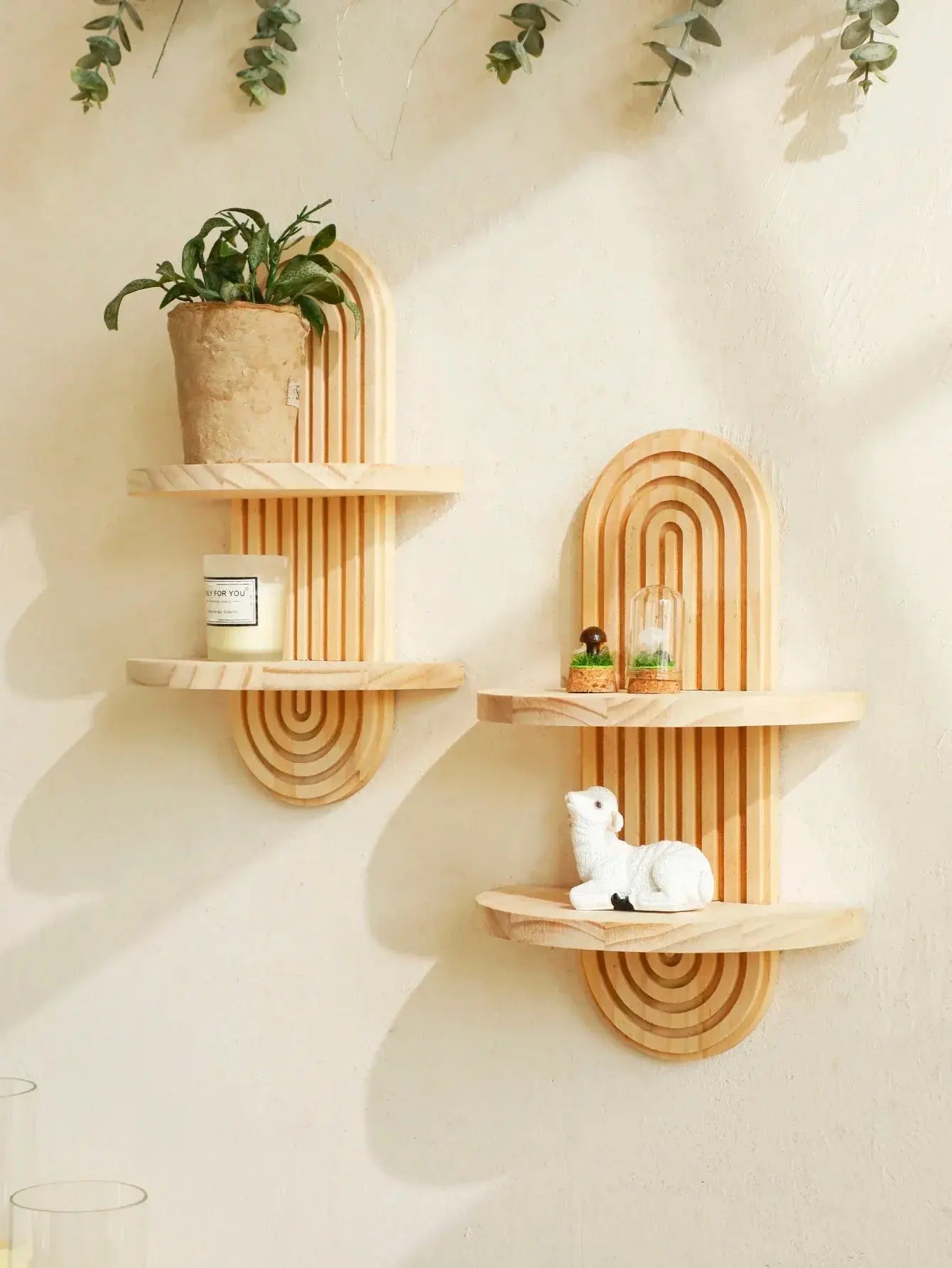 Boho Wooden Wall Mounted Storage Rack – Modern Decorative Display Shelves - Femlinza