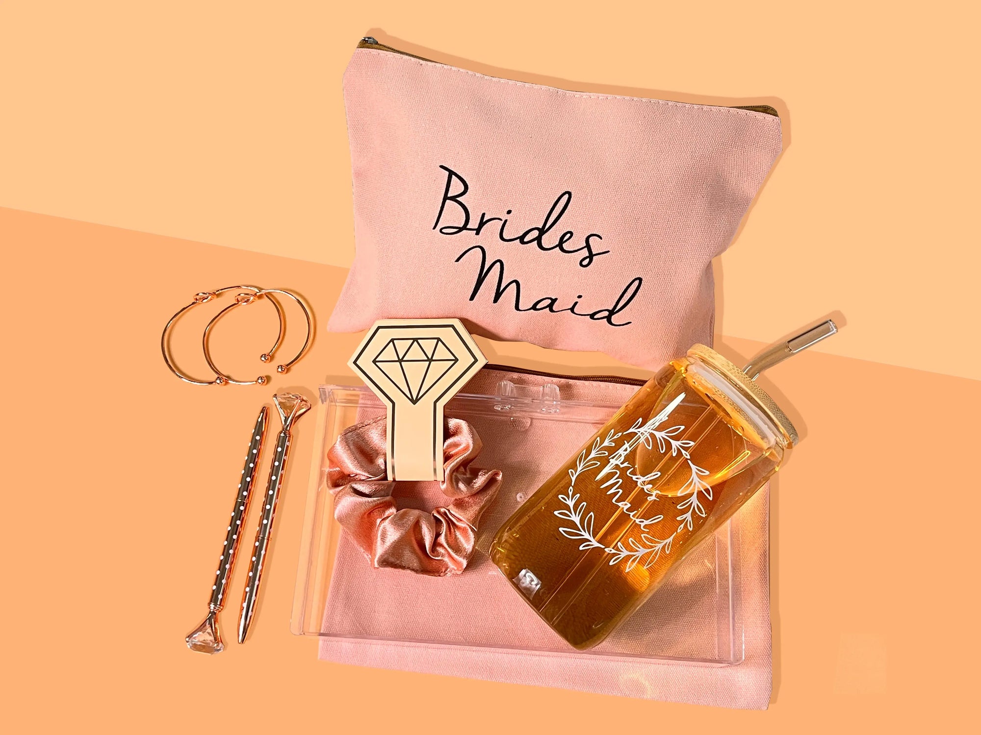 Bridesmaid Proposal Gift Set – 16oz Glass Cup, Makeup Bag & Accessories - Femlinza