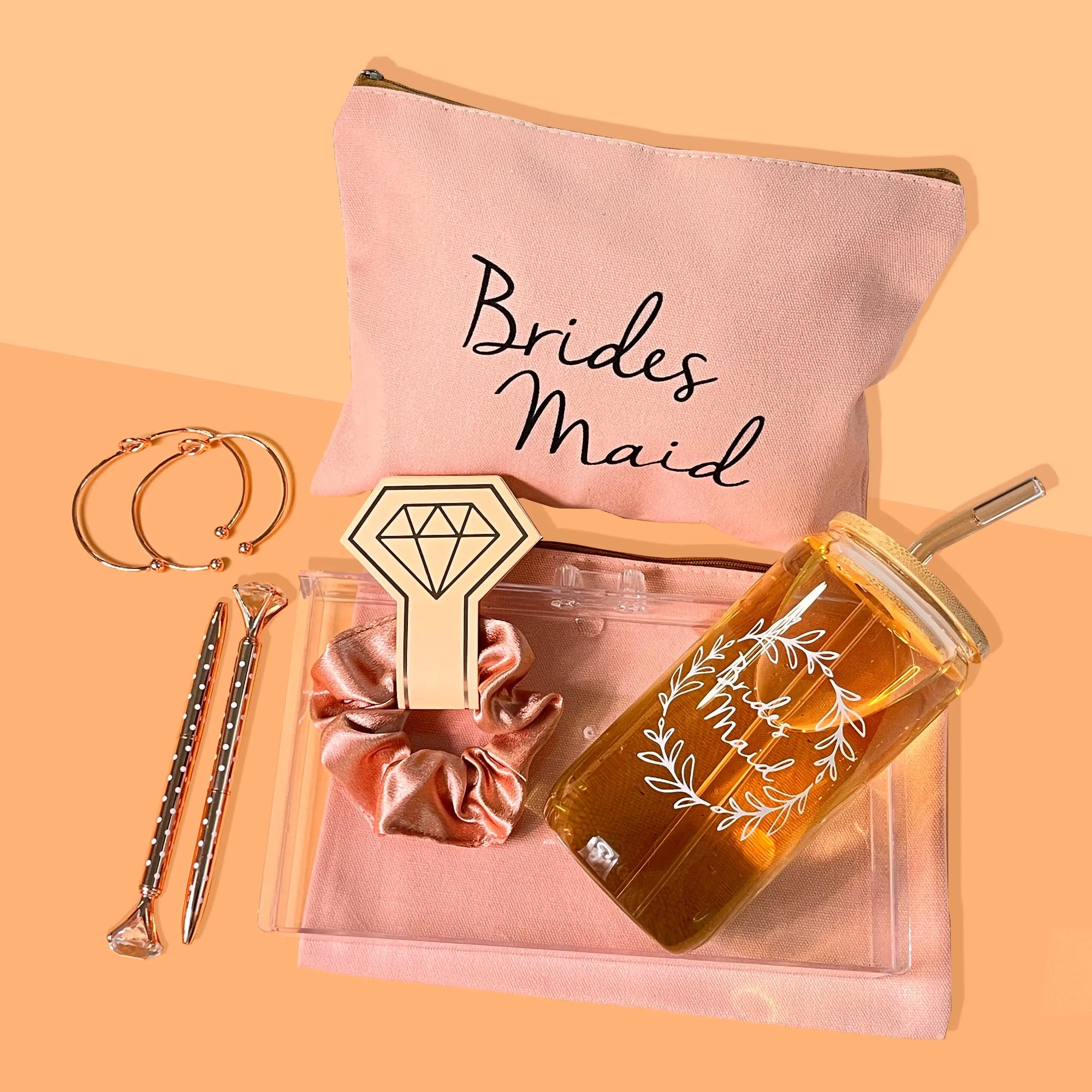 Bridesmaid Proposal Gift Set – 16oz Glass Cup, Makeup Bag & Accessories - Femlinza