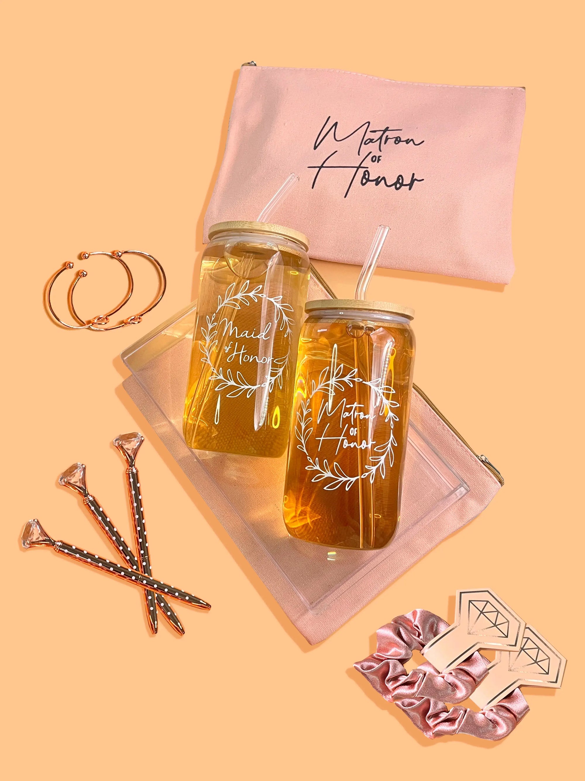 Bridesmaid Proposal Gift Set – 16oz Glass Cup, Makeup Bag & Accessories - Femlinza