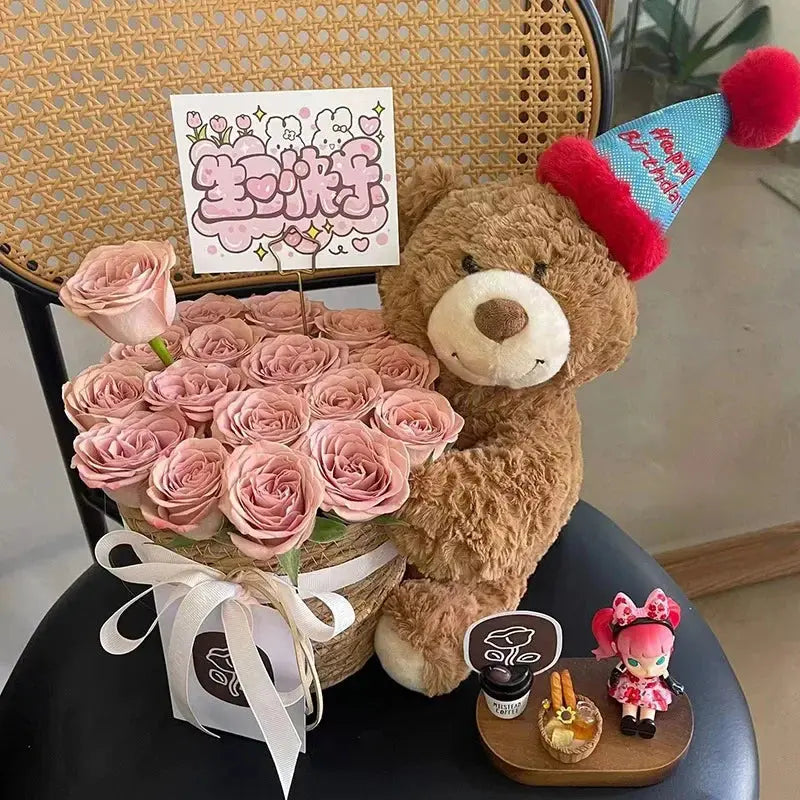 Children's Gift Bear Doll Bouquet Eternal Soap Flower Bucket Bouquet Birthday Gift Valentine's Day Gift Cute Bouquet Ornament - Femlinza