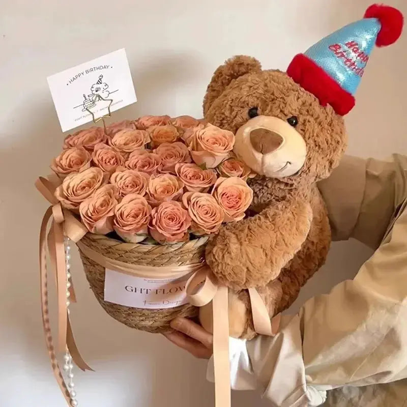 Children's Gift Bear Doll Bouquet Eternal Soap Flower Bucket Bouquet Birthday Gift Valentine's Day Gift Cute Bouquet Ornament - Femlinza