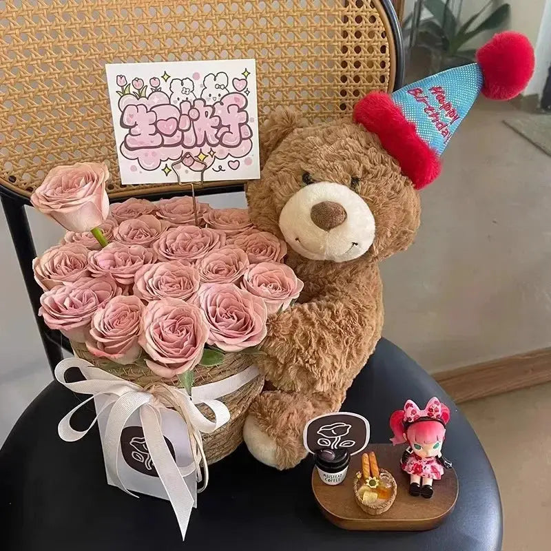 Children's Gift Bear Doll Bouquet Eternal Soap Flower Bucket Bouquet Birthday Gift Valentine's Day Gift Cute Bouquet Ornament - Femlinza
