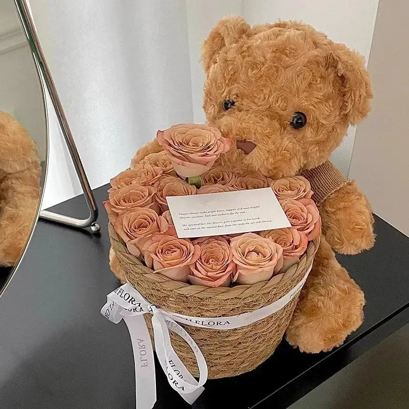 Children's Gift Bear Doll Bouquet Eternal Soap Flower Bucket Bouquet Birthday Gift Valentine's Day Gift Cute Bouquet Ornament - Femlinza
