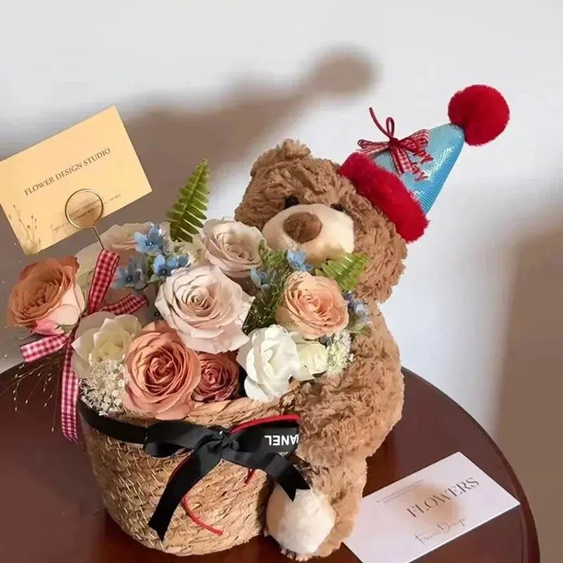 Children's Gift Bear Doll Bouquet Eternal Soap Flower Bucket Bouquet Birthday Gift Valentine's Day Gift Cute Bouquet Ornament - Femlinza