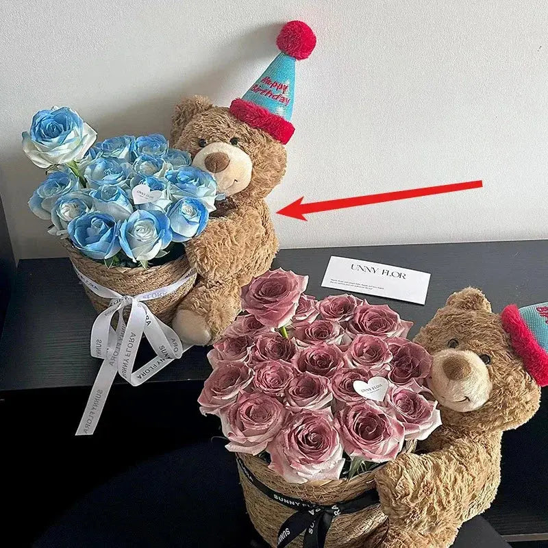 Children's Gift Bear Doll Bouquet Eternal Soap Flower Bucket Bouquet Birthday Gift Valentine's Day Gift Cute Bouquet Ornament - Femlinza