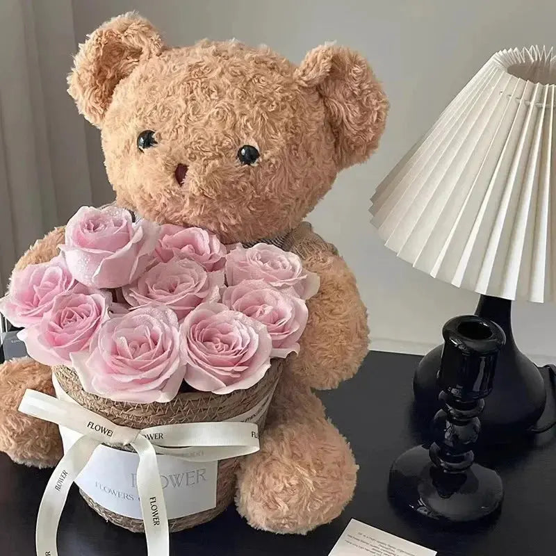 Children's Gift Bear Doll Bouquet Eternal Soap Flower Bucket Bouquet Birthday Gift Valentine's Day Gift Cute Bouquet Ornament - Femlinza