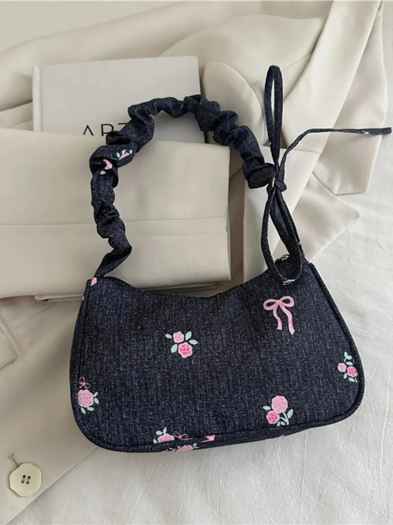Embroidered Ruched Strap Shoulder Bag - Femlinza