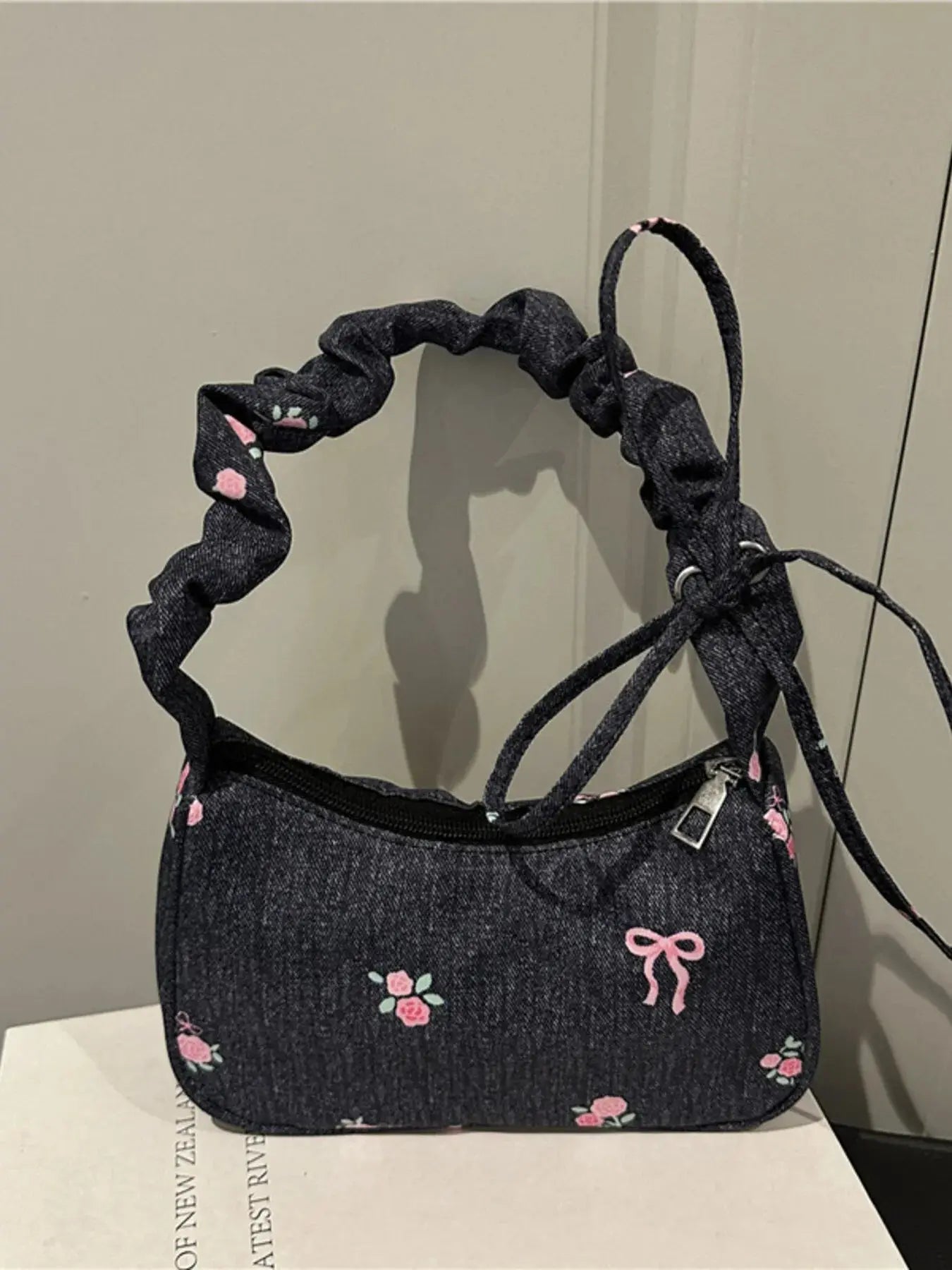 Embroidered Ruched Strap Shoulder Bag - Femlinza