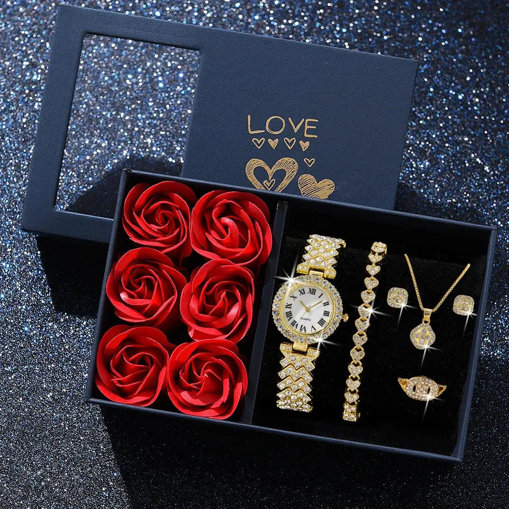 Fashion Luxury Women Gold Watch Bracelet Necklace 6Pcs Set Ladies Diamond Quartz Wristwatch Valentine's Day Mother's Day Gift - Femlinza